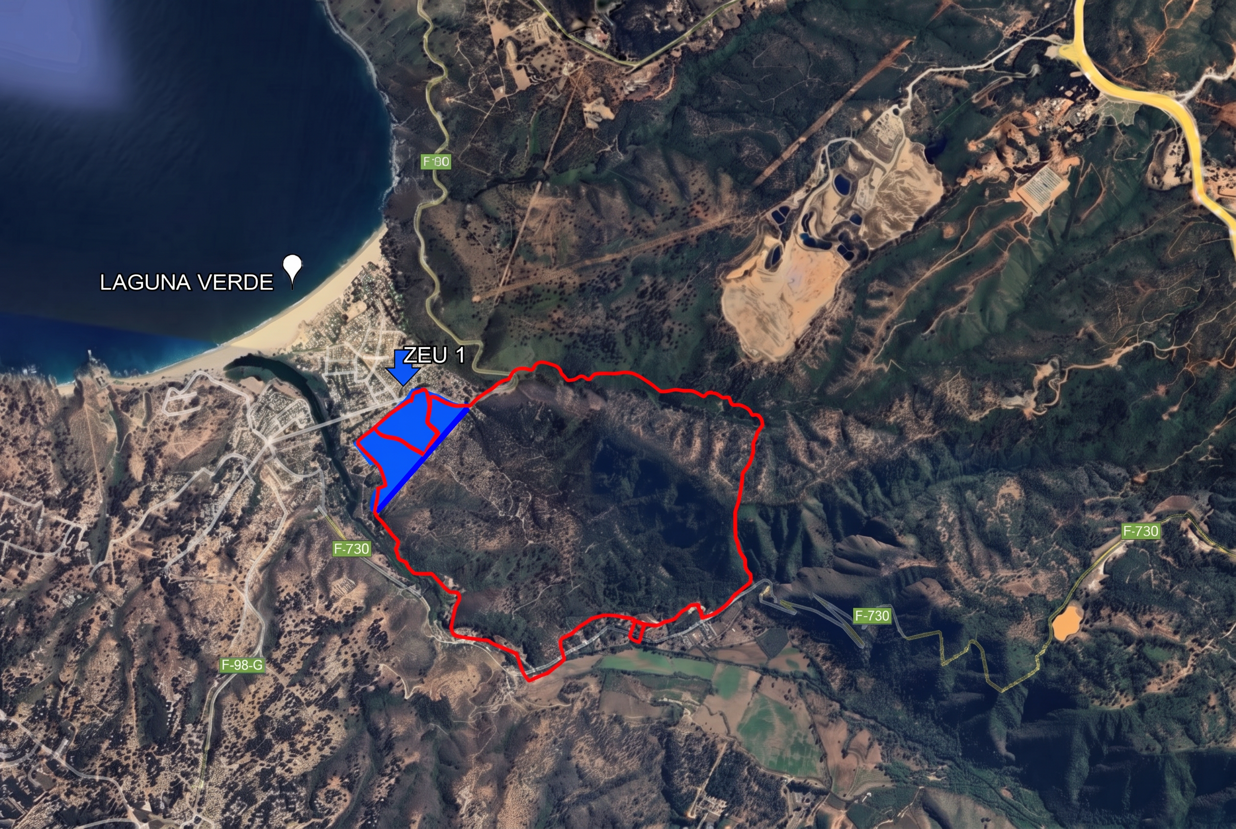 Plano satelital del Fundo Laguna Verde con el deslinde del predio y la zona urbana ZEU 1